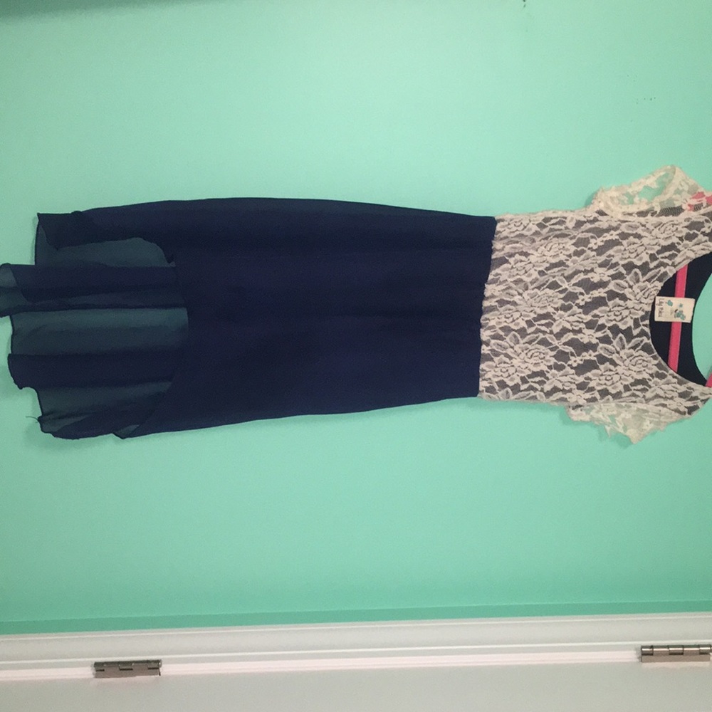 Navy Blue/Creme Lace Rose Dress
